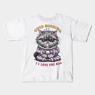 Print design of a cute Persian cat, wearing cozy pajamas and holding a steaming cup of coffee.2 Kids T-Shirt